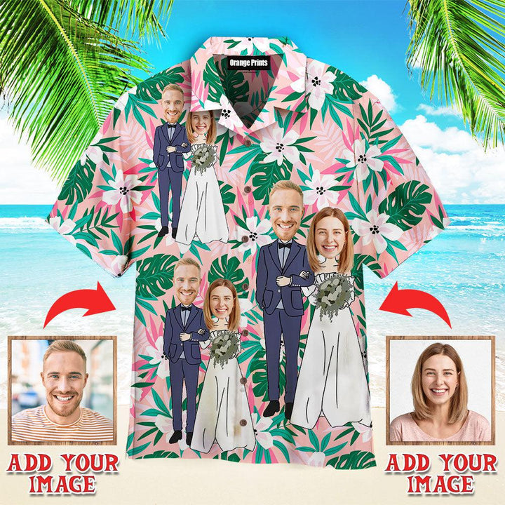 Funny Happy Wedding Couple Flower On Pink Tropical Custom Photo Hawaiian Shirt For Men & Women