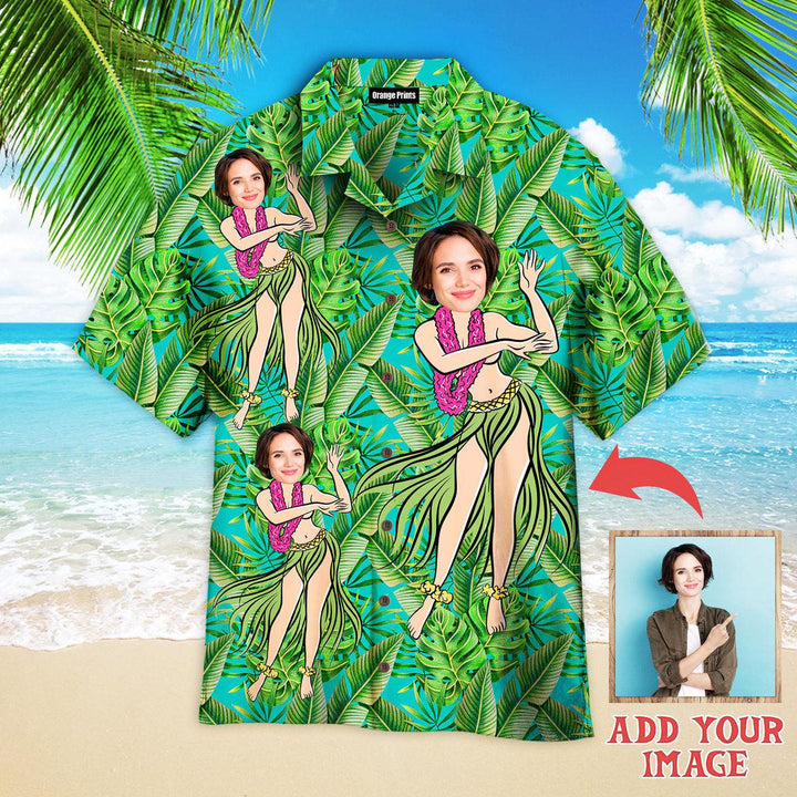 Funny Hula Girl Green Tropical Custom Photo Hawaiian Shirt For Men & Women