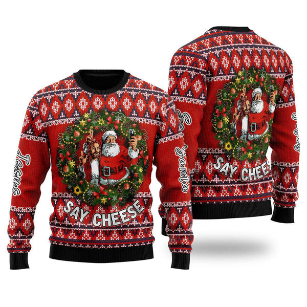 Jesus And Santa Say Cheese Ugly Christmas Sweater | For Men & Women | UH1518-Colorful-Gerbera Prints.