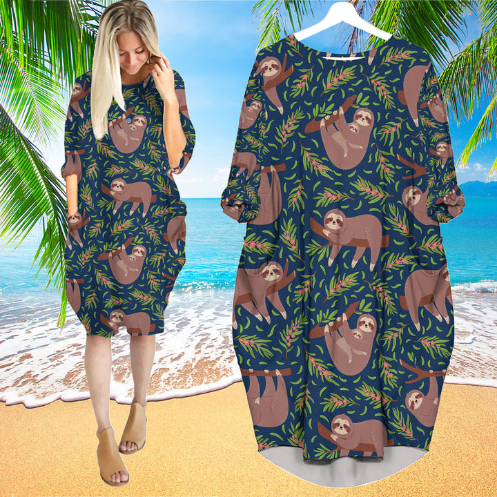 Funny Lazy Sloths On Branch Seamless Long Sleeve Midi Dress | MD1399