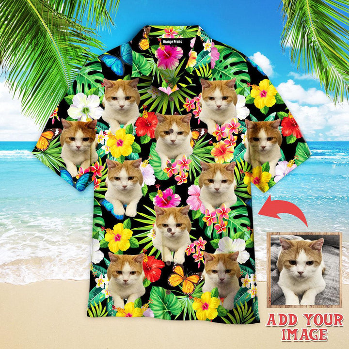 Funny Lovely Cat Sitting On Flower Tropical Custom Photo Hawaiian Shirt For Men & Women
