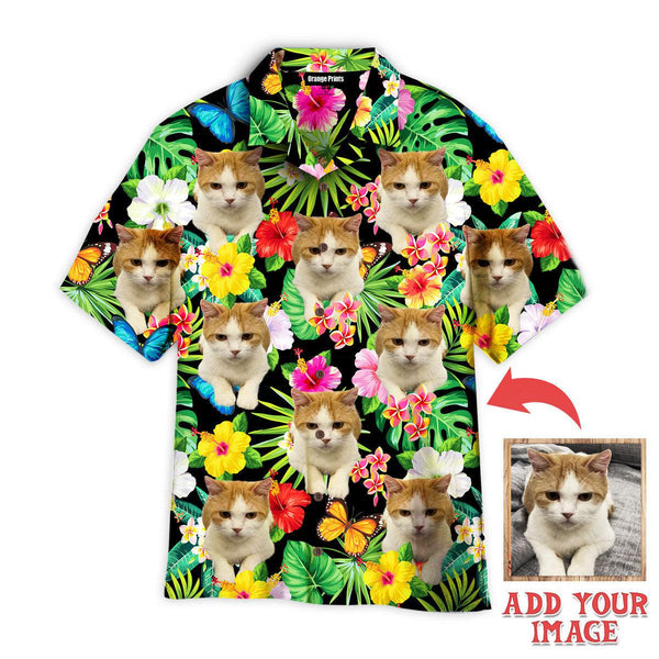 Funny Lovely Cat Sitting On Flower Tropical Custom Photo Hawaiian Shirt For Men & Women