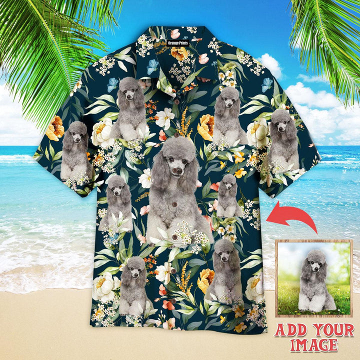 Funny Portrait Of Gray Poodle Dog On Floral Flowers Custom Photo Hawaiian Shirt For Men & Women