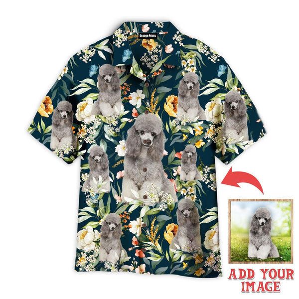 Funny Portrait Of Gray Poodle Dog On Floral Flowers Custom Photo Hawaiian Shirt For Men & Women