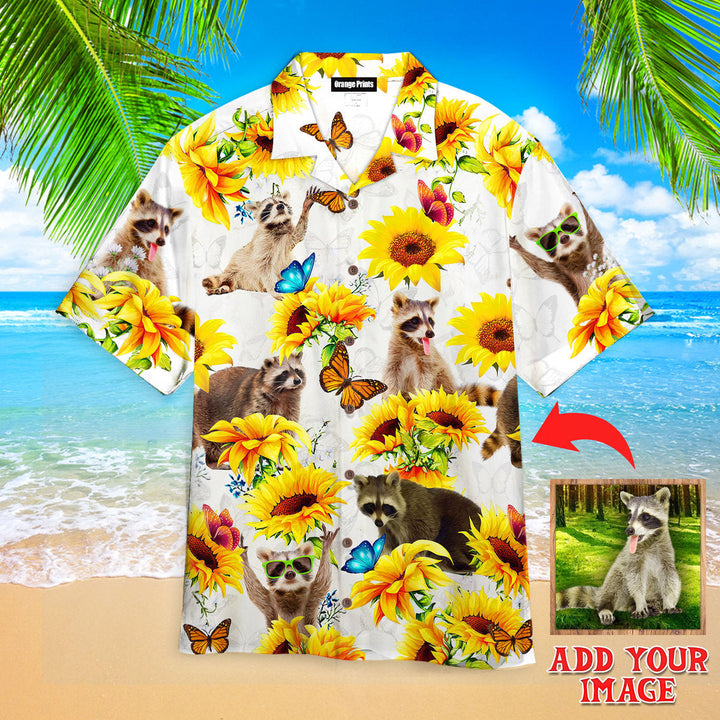 Funny Raccoon Lovers SunFlower Custom Photo Hawaiian Shirt For Men & Women