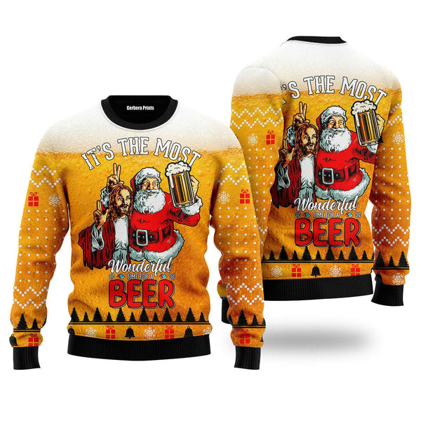 Funny Santa Drink Beer With Jesus Ugly Christmas Sweater | For Men & Women | UH1713-Colorful-Gerbera Prints.