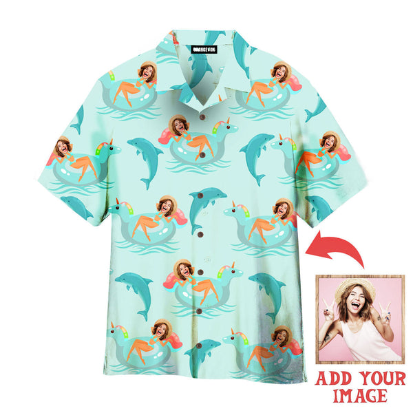 Funny Summer Vacation At Beach Dolphin Float Custom Photo Hawaiian Shirt For Men & Women