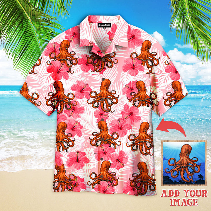 Funny Tropical Flowers Hibiscus Octopus Custom Photo Hawaiian Shirt For Men & Women