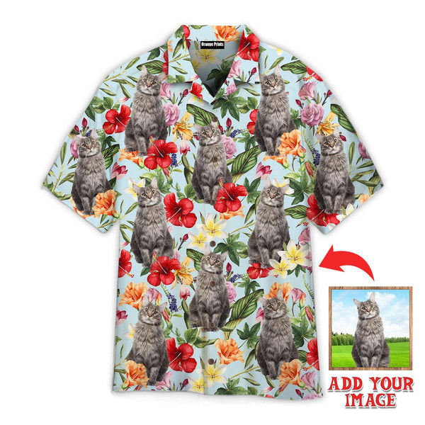 Funny Tropical Flowers Maine Coon Cats Custom Photo Hawaiian Shirt For Men & Women