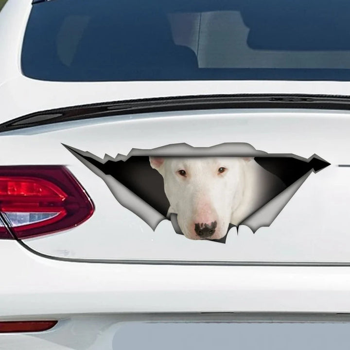 White Bull Terrier Dog Cracked Car Decal Sticker | Waterproof | PVC Vinyl | CCS2712-Colorful-Gerbera Prints.