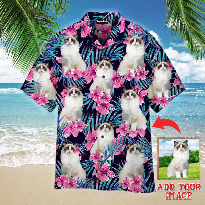 Funny White Ragdoll Cat Hide And Seek In Pink Floral Tropical Custom Photo Hawaiian Shirt For Men & Women