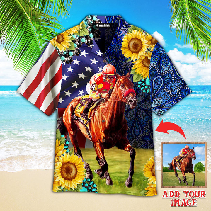 Funny Your Photo Horse Racing Sunflower Custom Hawaiian Shirt For Men & Women