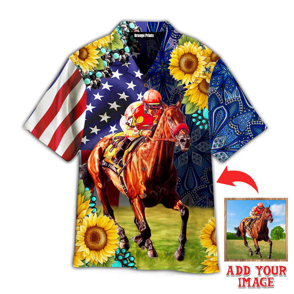 Funny Your Photo Horse Racing Sunflower Custom Hawaiian Shirt For Men & Women