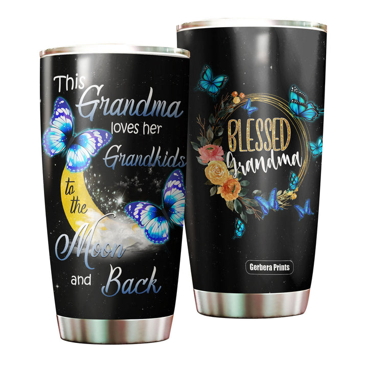 Grandma Loves Grandkids To The Moon And Back Stainless Steel Tumbler Cup | Travel Mug | TC2509-20oz-Gerbera Prints.
