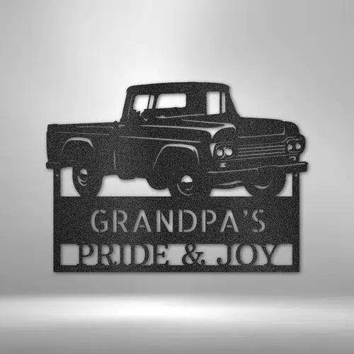 Grandpas Pickup Truck Monogram Custom Cut Metal Sign | MN1307-Black-Gerbera Prints.