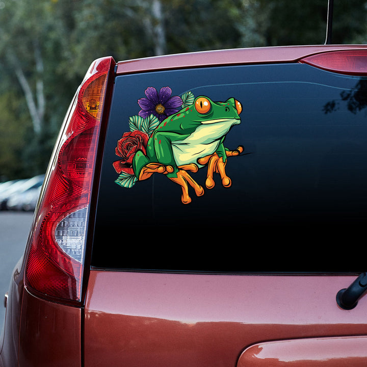 Green Frog With Flower Car Decal Sticker | Waterproof | PVC Vinyl | CS5056-Colorful-Gerbera Prints.