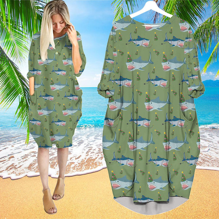 Green Shark Love Christmas In July Long Sleeve Midi Dress | MD1217