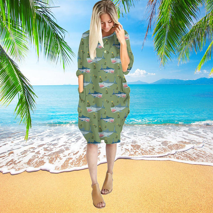 Green Shark Love Christmas In July Long Sleeve Midi Dress | MD1217