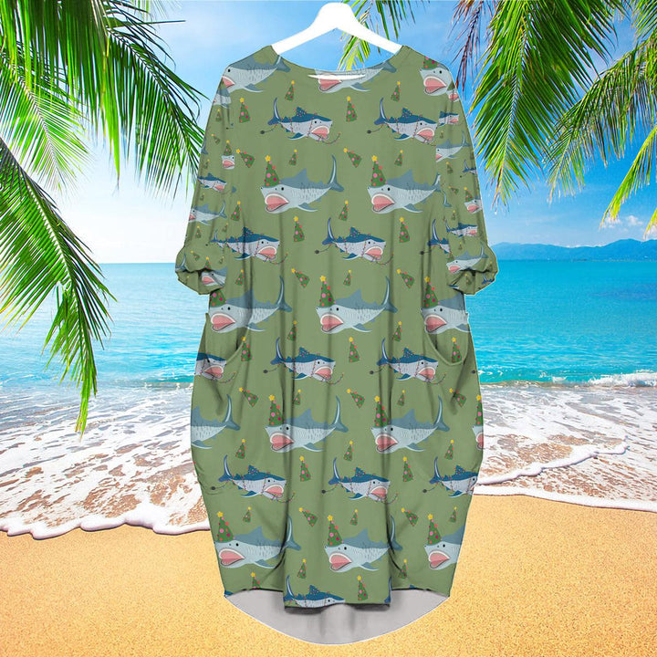 Green Shark Love Christmas In July Long Sleeve Midi Dress | MD1217