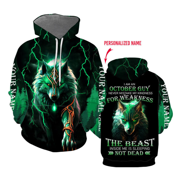 Green Wolf October Guy Thunder Custom Name Hoodie For Men & Women