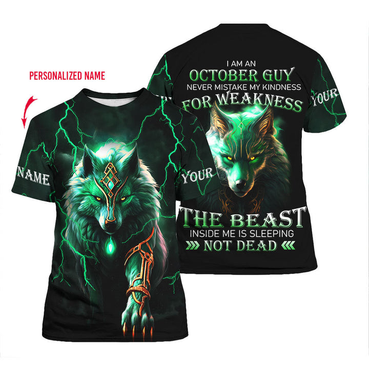 Green Wolf October Guy Thunder Custom Name T Shirt For Men & Women