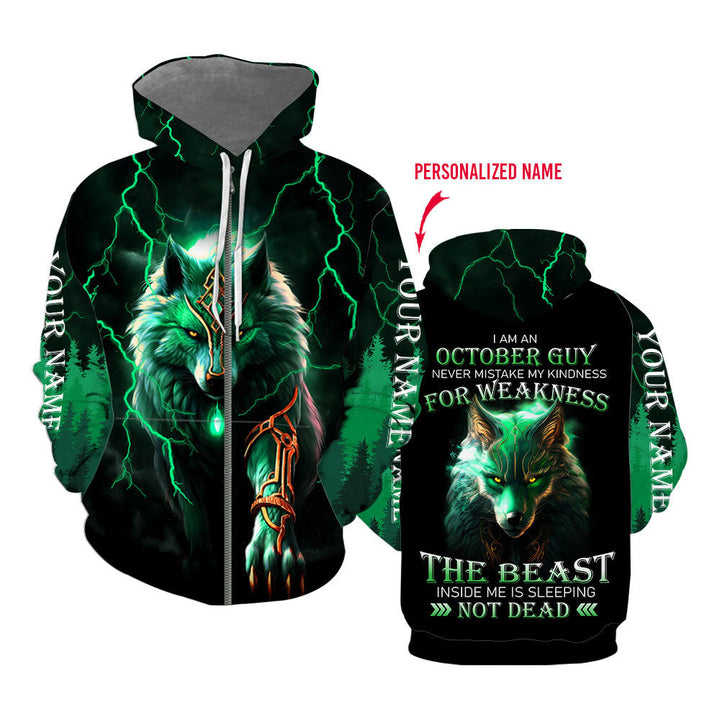 Green Wolf October Guy Thunder Custom Name Zip Up Hoodie For Men & Women