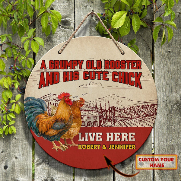 Grumpy Old Rooster Custom Round Wood Sign | Home Decoration | Waterproof |WN1053-Colorful-Gerbera Prints.