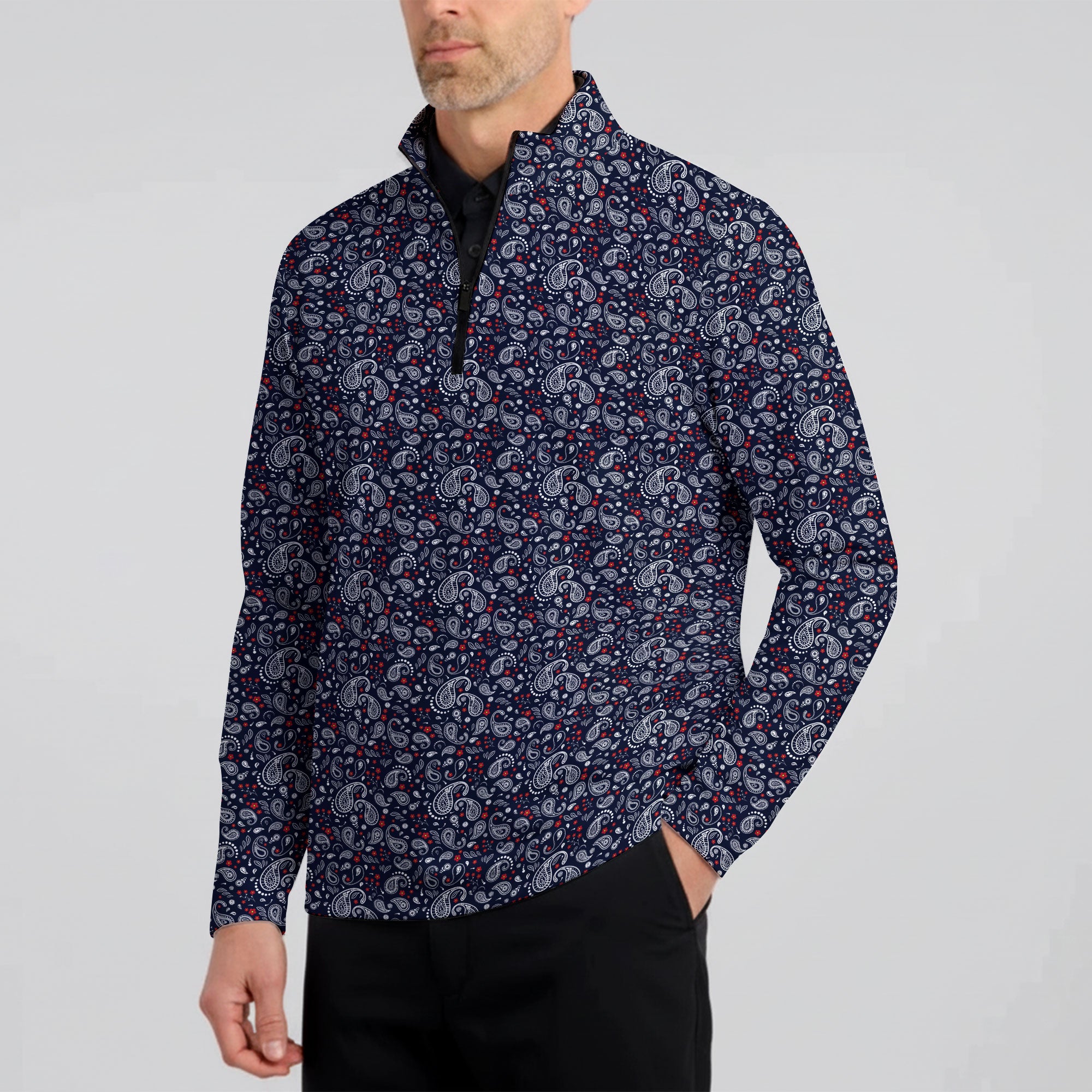 Navy Paisley Half Zip Pullover