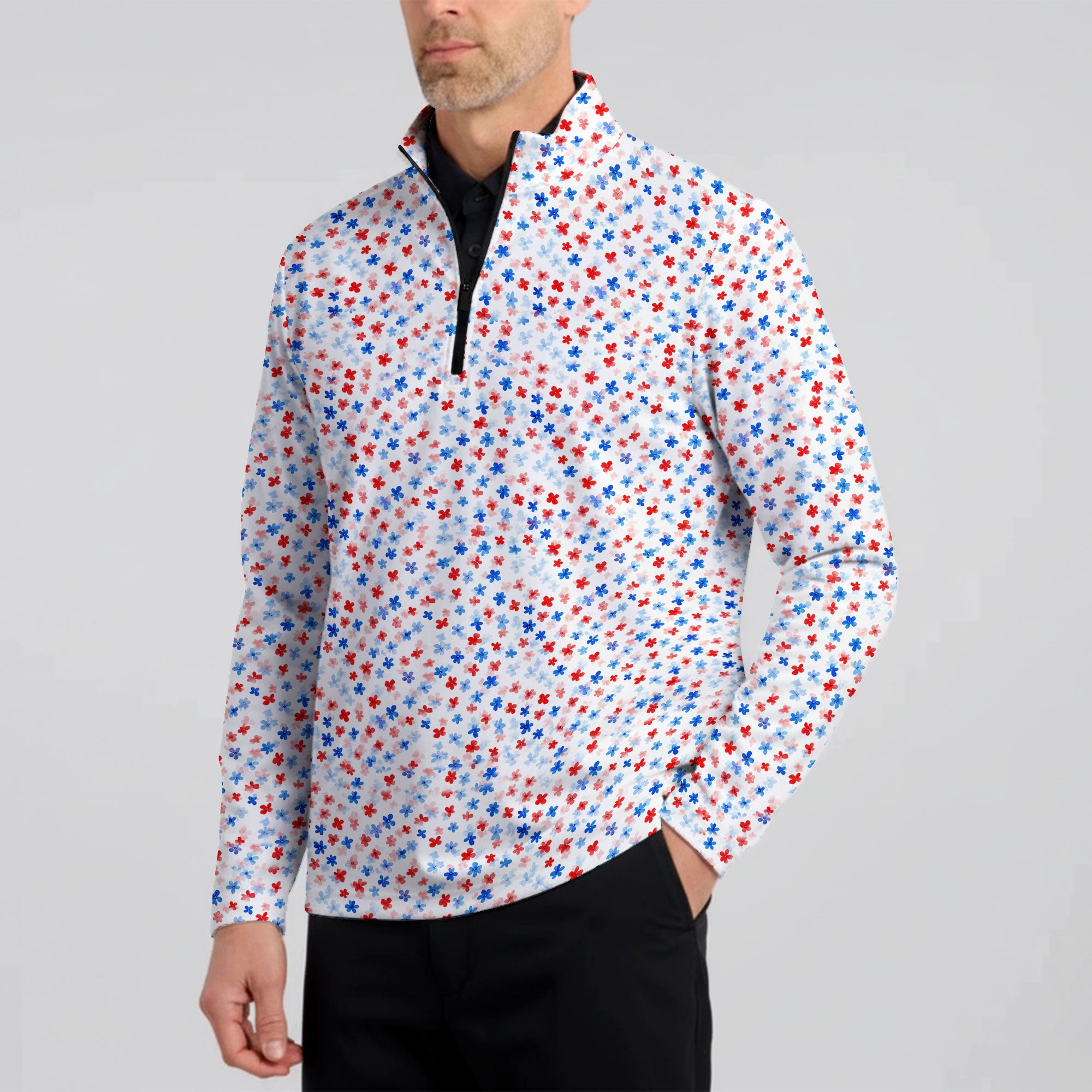 Red & Blue Floral Half Zip Pullover