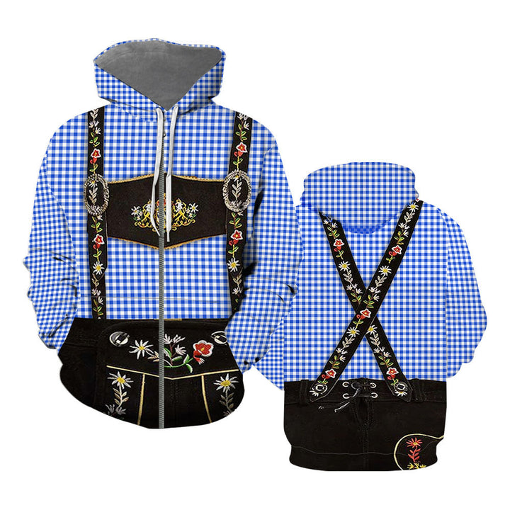 Lederhosen Costumes Oktoberfest Blue Checkered Zip Up Hoodie