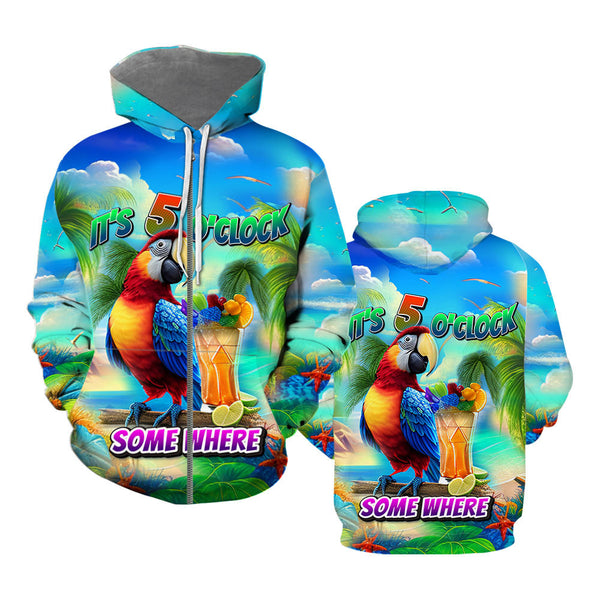 It's Five O'Clock Somewhere Tropical Parrot Zip Up Hoodie