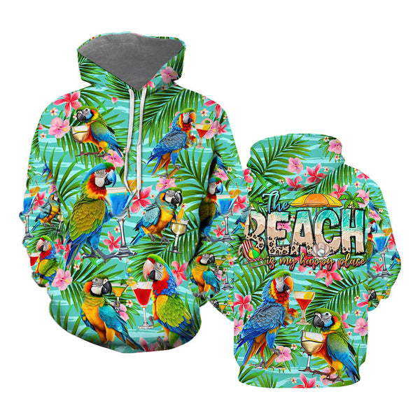 Parrot Drinking Cocktails The Beach Is My Happy Place Tropical Hoodie