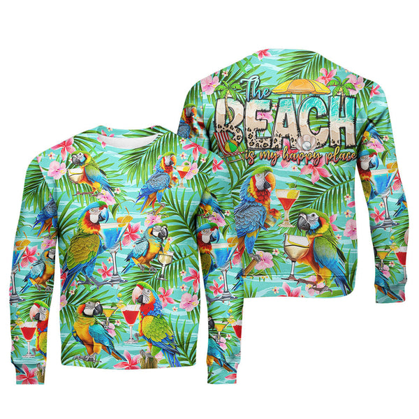 Parrot Drinking Cocktails The Beach Is My Happy Place Tropical Crewneck Sweatshirt