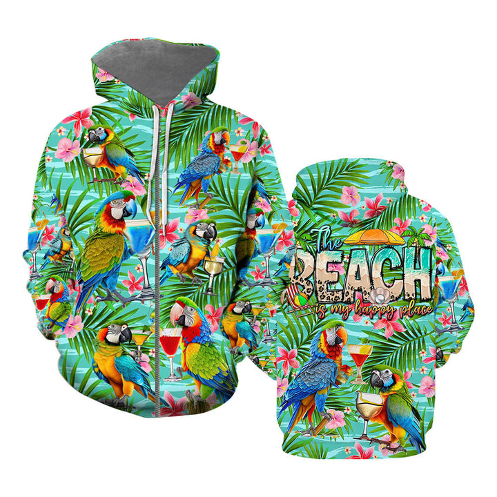 Parrot Drinking Cocktails The Beach Is My Happy Place Tropical Zip Up Hoodie