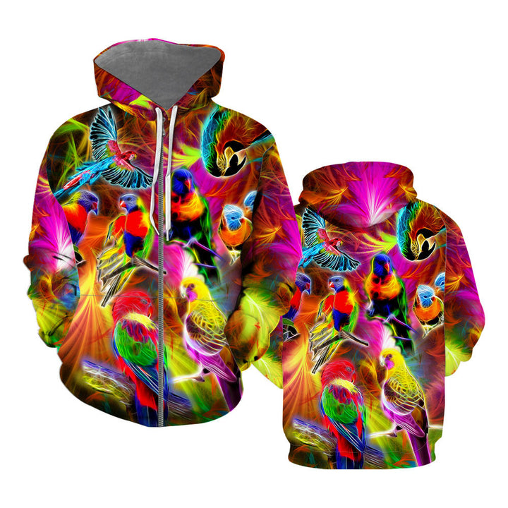 Neon Colorful Parrot Zip Up Hoodie