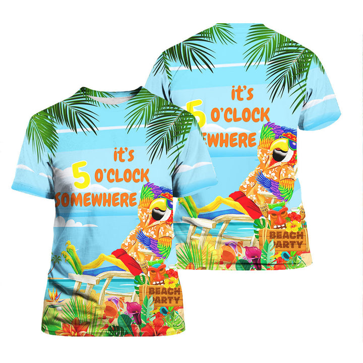 It's 5 O'Clock Somewhere Parrot On The Beach Blue T Shirt