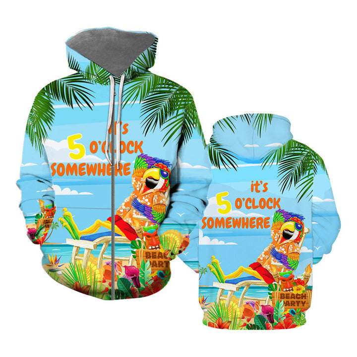 It's 5 O'Clock Somewhere Parrot On The Beach Blue Zip Up Hoodie 