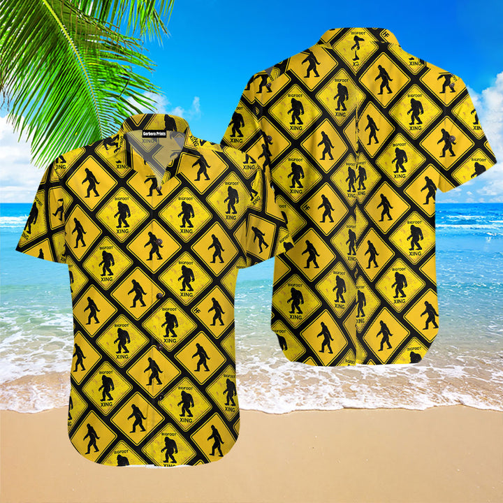 Yellow Square Diamond Pattern Caution Signs Bigfoot Pattern Hawaiian Shirt