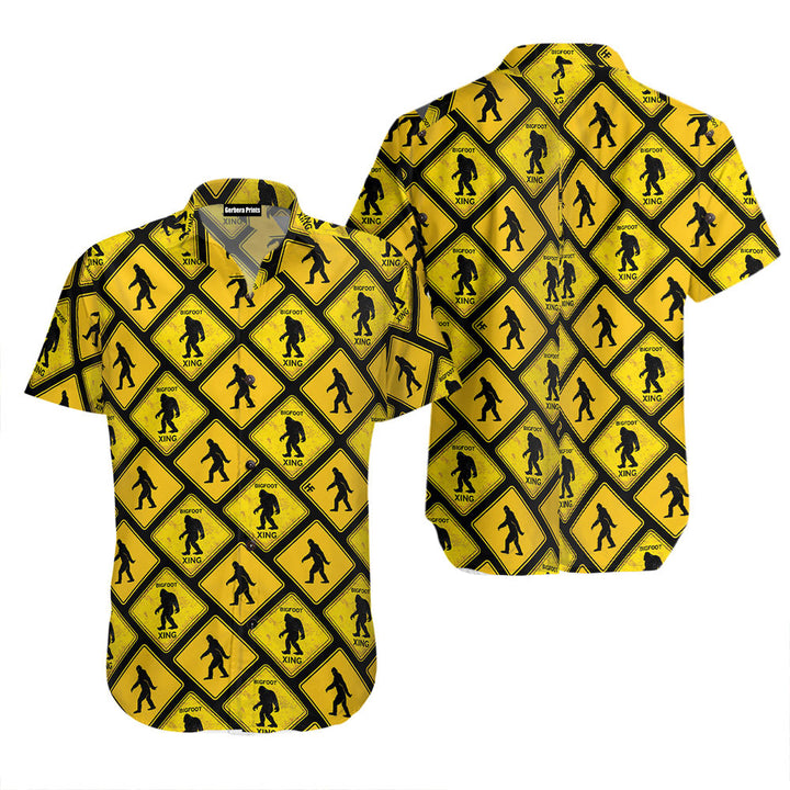 Yellow Square Diamond Pattern Caution Signs Bigfoot Pattern Hawaiian Shirt