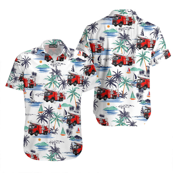 White Tropical Red Fire Truck Firefighter Hawaiian Shirt