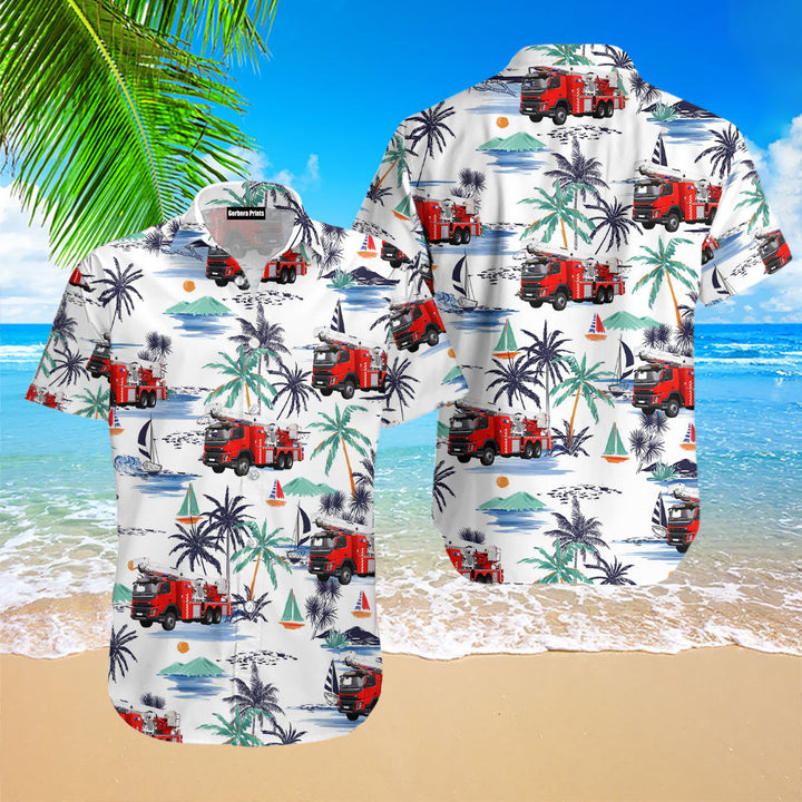 White Tropical Red Fire Truck Firefighter Hawaiian Shirt