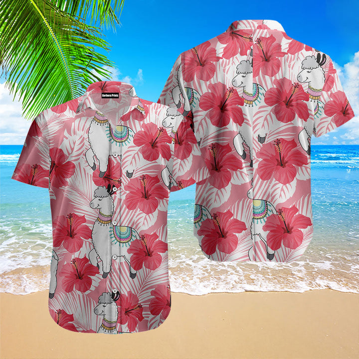 Llama Tropical Flowers Hibiscus Hawaiian Shirt