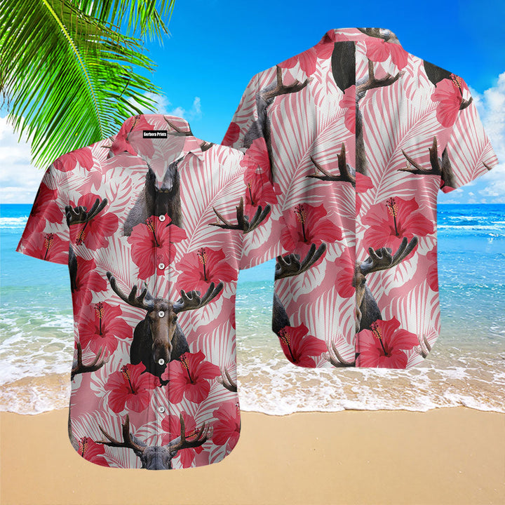 Moose Tropical Flowers Hibiscus Hawaiian Shirt
