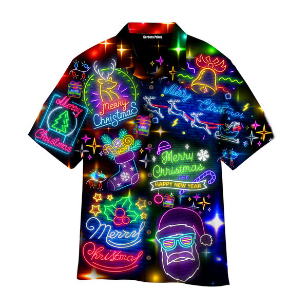 Neon Merry Christmas And Happy New Year Colorful Lights Hawaiian Shirt