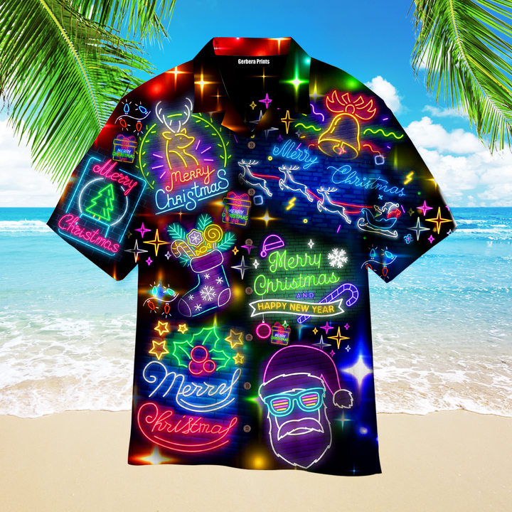 Neon Merry Christmas And Happy New Year Colorful Lights Hawaiian Shirt