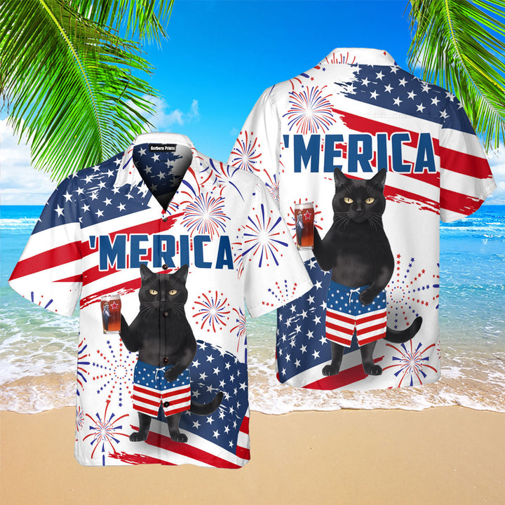 Independence Day 4th Of July Black Cat American Flag Hawaiian Shirt