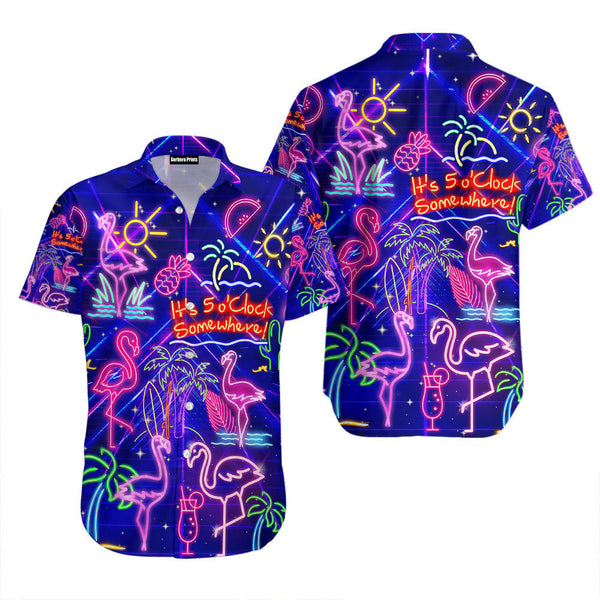 Flamingo Neon It's 5 O'Clock Somewhere Violet Hawaiian Shirt