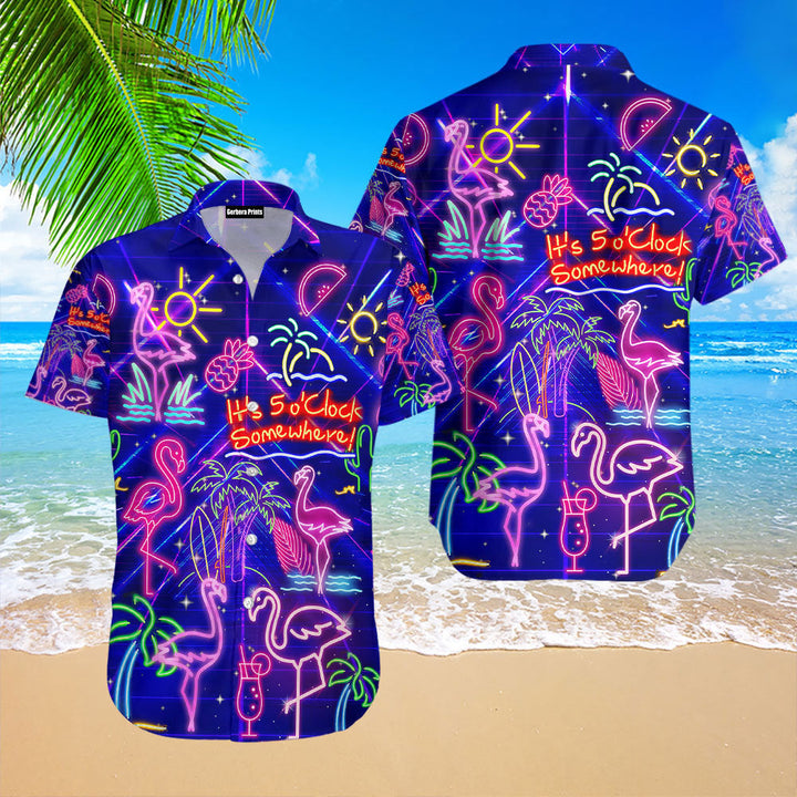 Flamingo Neon It's 5 O'Clock Somewhere Violet Hawaiian Shirt