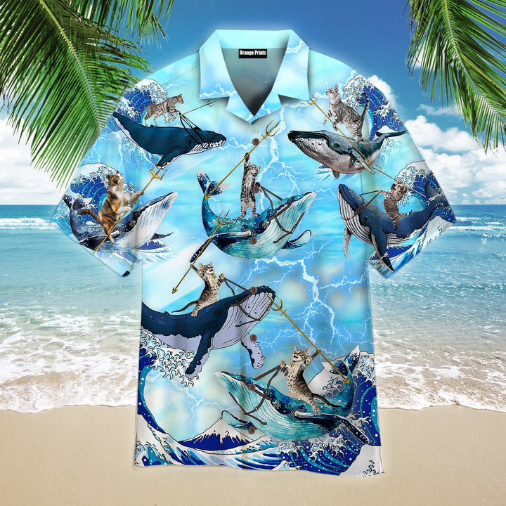 Cat Riding Whale In Ocean Hawaiian Shirt