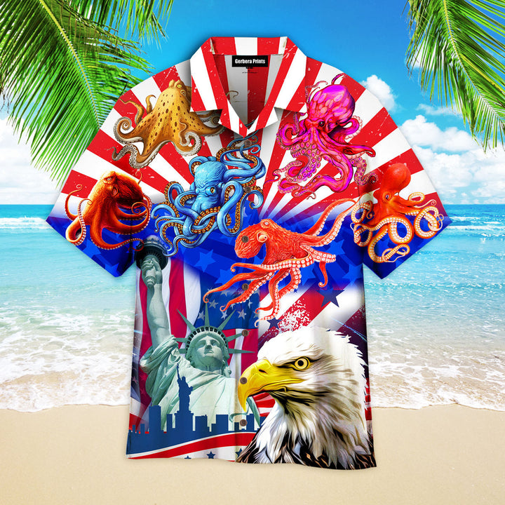 American Flag Independence Day 4th Of July Octopus Eagle Statue of Liberty Hawaiian Shirt